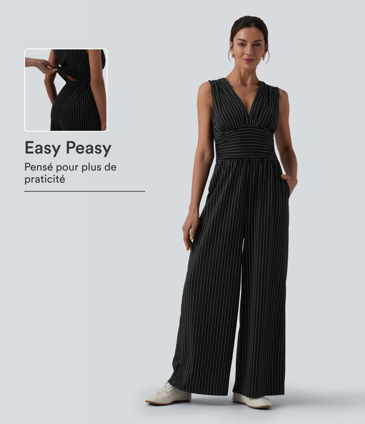 Combinaison tailleur col V sans manches à rayures et fronces avec poches - Easy Peasy Combinaison tailleur col V sans manches à rayures et fronces avec poches - Easy Peasy