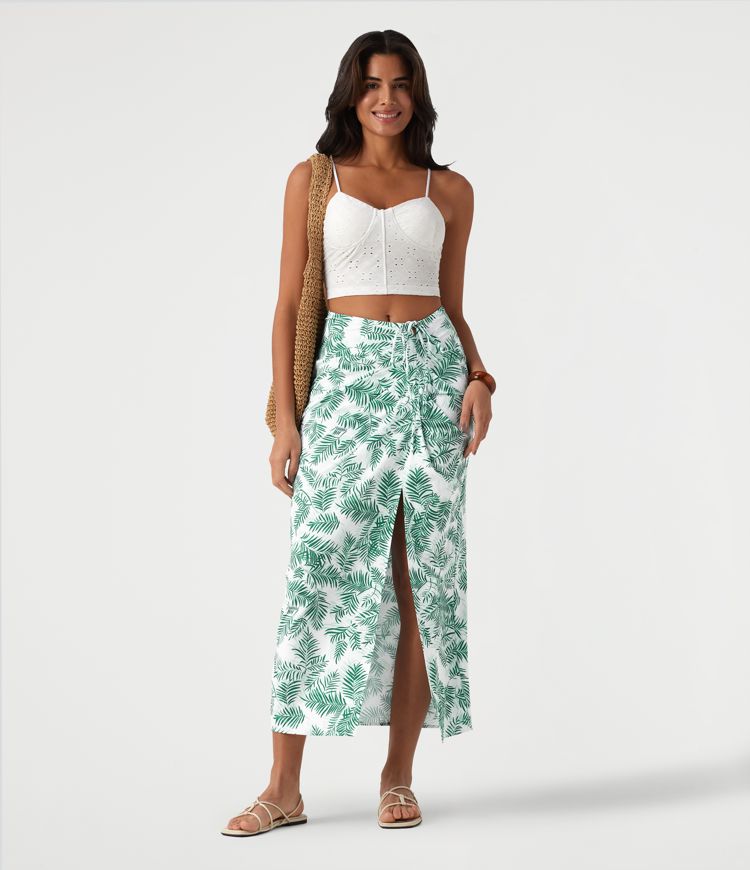 Mid Rise Tie Front Bodycon Ruched Floral/Stripe Print Maxi Skirt Mid Rise Tie Front Bodycon Ruched Floral/Stripe Print Maxi Skirt