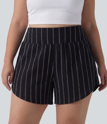 Plus Size High Waisted Curved Hem Stripe Casual Shorts with Pockets