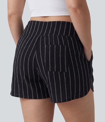 Plus Size High Waisted Curved Hem Stripe Casual Shorts with Pockets