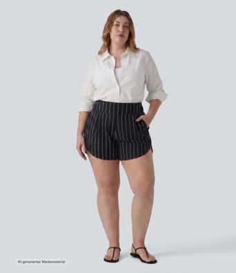 Lässige Shorts mit hohem Bund, mehreren Taschen, Streifen und abgerundetem Saum - Plus-Size
