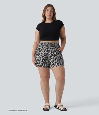 Lässige Shorts mit hohem Bund, Seitentaschen, Kordelzug und Leopardenmuster - Plus-Size