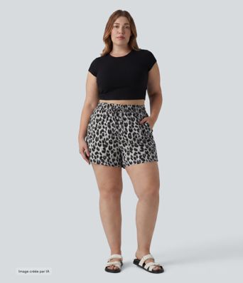 Short grande taille taille haute imprimé léopard avec cordon de serrage et poches Short grande taille taille haute imprimé léopard avec cordon de serrage et poches