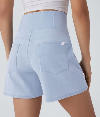 Halara Flex™ shorts casuales de denim lavado con talle alto cruzado, bolsillos, pierna ancha y corte en línea A