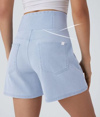Halara Flex™ shorts casuales de denim lavado con talle alto cruzado, bolsillos, pierna ancha y corte en línea A