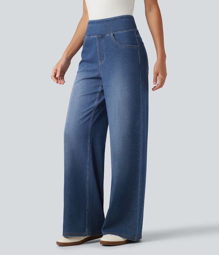 HalaraFlex™ High Waisted Wide Leg Silver Shine Casual Jeans with Pockets