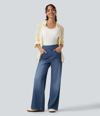 HalaraFlex™ High Waisted Wide Leg Silver Shine Casual Jeans with Pockets