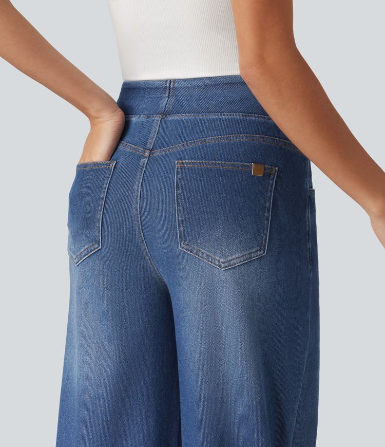 HalaraFlex™ High Waisted Wide Leg Silver Shine Casual Jeans with Pockets