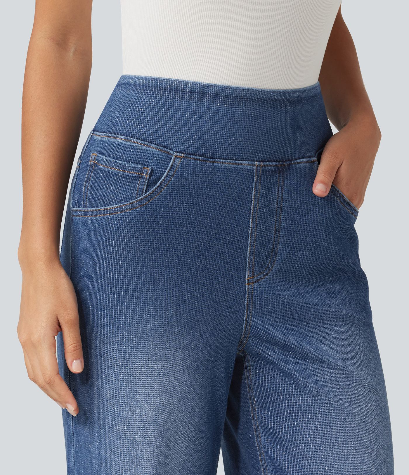 HalaraFlex™ High Waisted Wide Leg Silver Shine Casual Jeans with Pockets