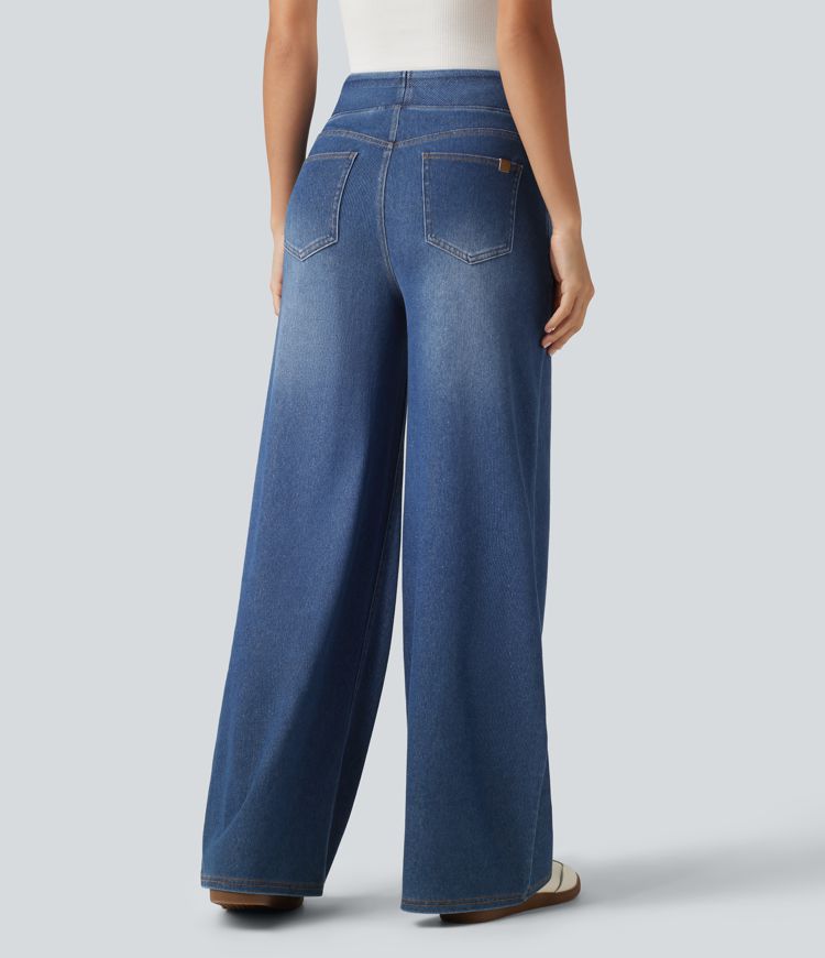 HalaraFlex™ High Waisted Wide Leg Silver Shine Casual Jeans with Pockets