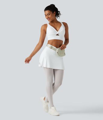 Softlyzero™ luftige, højtaljede crossover 2-i-1 leggings med kontrastmesh, InstantCool, med fodstrop og integreret nederdel, med lommer - UPF50+