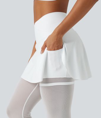 Softlyzero™ luftige, højtaljede crossover 2-i-1 leggings med kontrastmesh, InstantCool, med fodstrop og integreret nederdel, med lommer - UPF50+