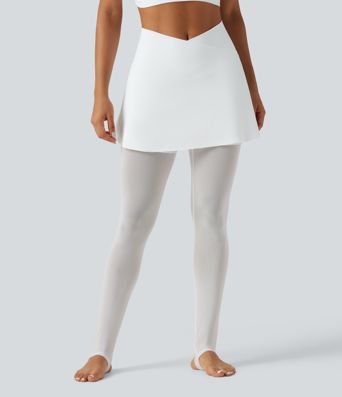 Softlyzero™ luftige, højtaljede crossover 2-i-1 leggings med kontrastmesh, InstantCool, med fodstrop og integreret nederdel, med lommer - UPF50+