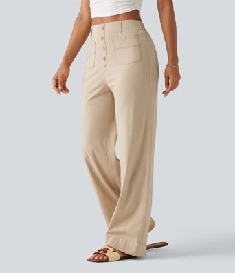 High Waisted Straight Leg Casual Stretch Linen Pants with Pockets