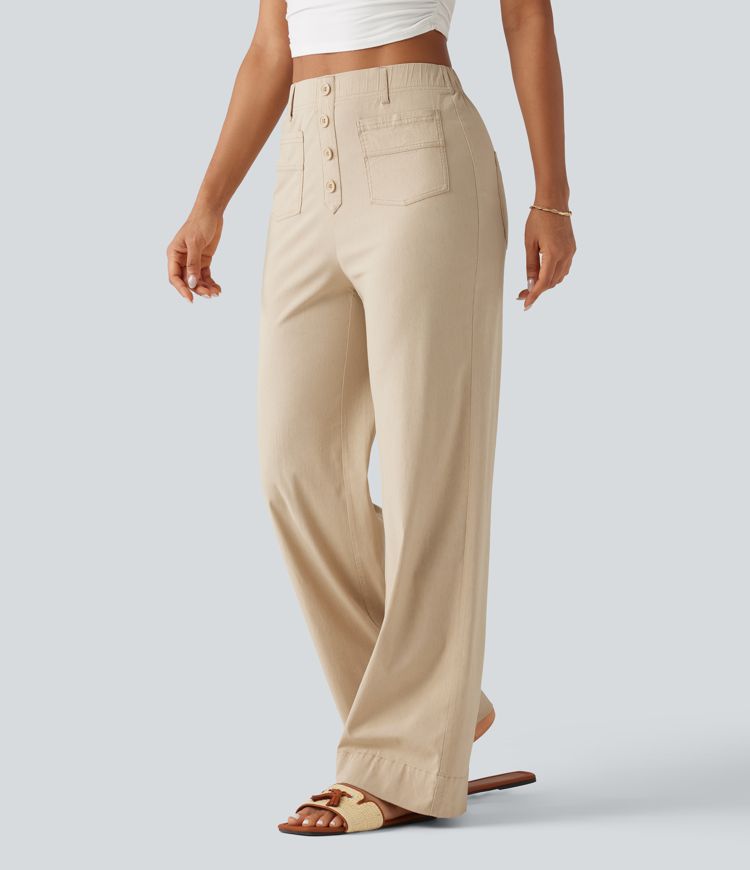 High Waisted Straight Leg Casual Stretch Linen Pants with Pockets
