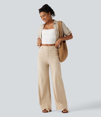 High Waisted Straight Leg Casual Stretch Linen Pants with Pockets