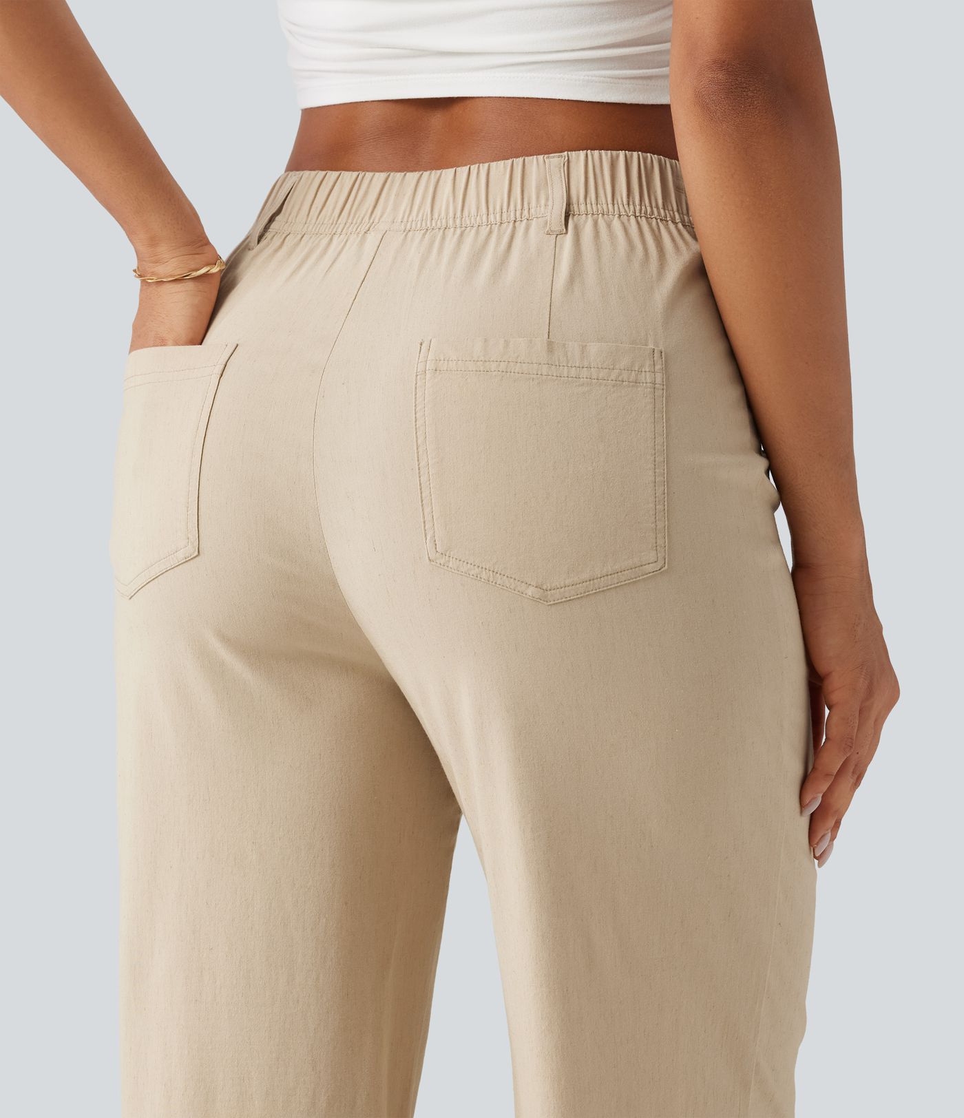 High Waisted Straight Leg Casual Stretch Linen Pants with Pockets