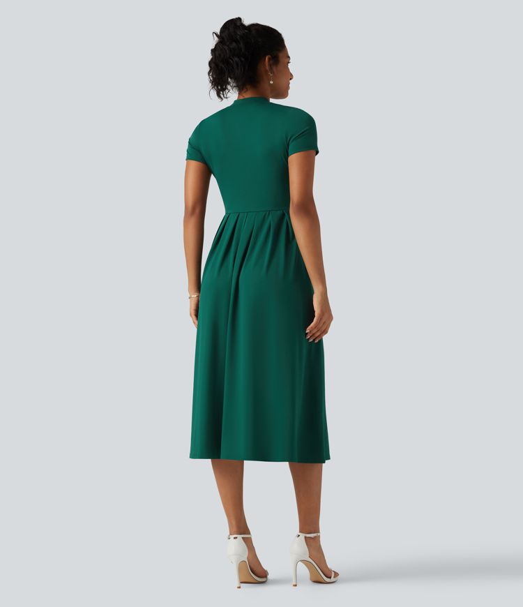 Stand Collar Short Sleeve Flare Midi Casual Dress with Pockets Stand Collar Short Sleeve Flare Midi Casual Dress with Pockets