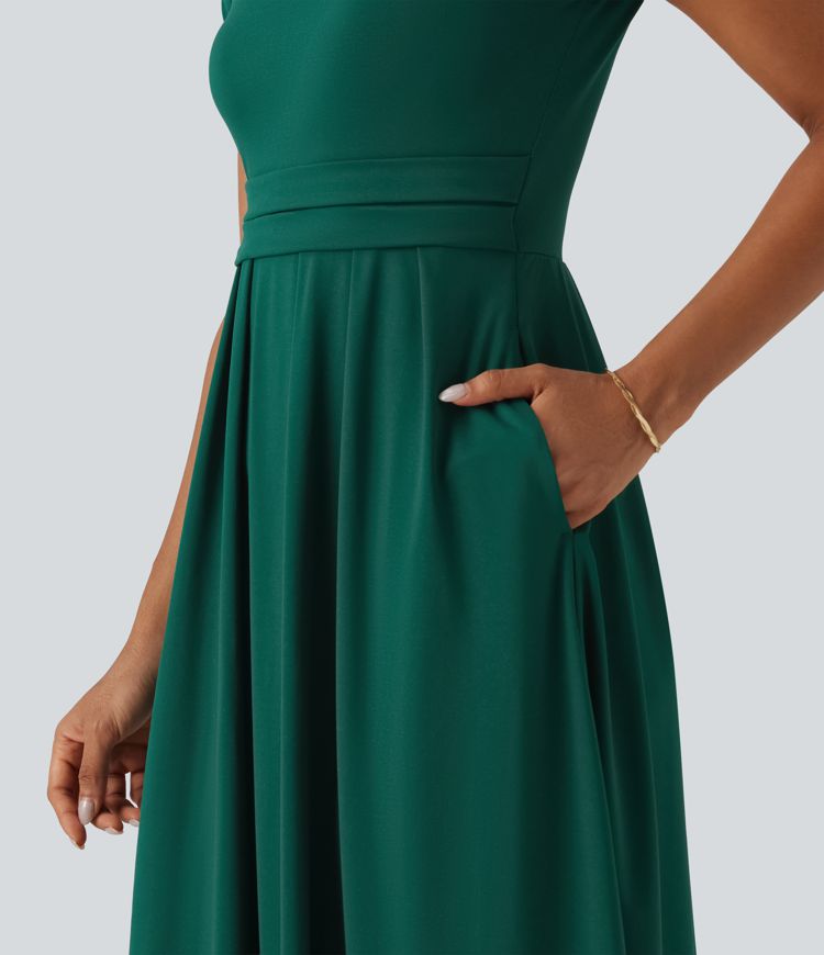 Stand Collar Short Sleeve Flare Midi Casual Dress with Pockets Stand Collar Short Sleeve Flare Midi Casual Dress with Pockets