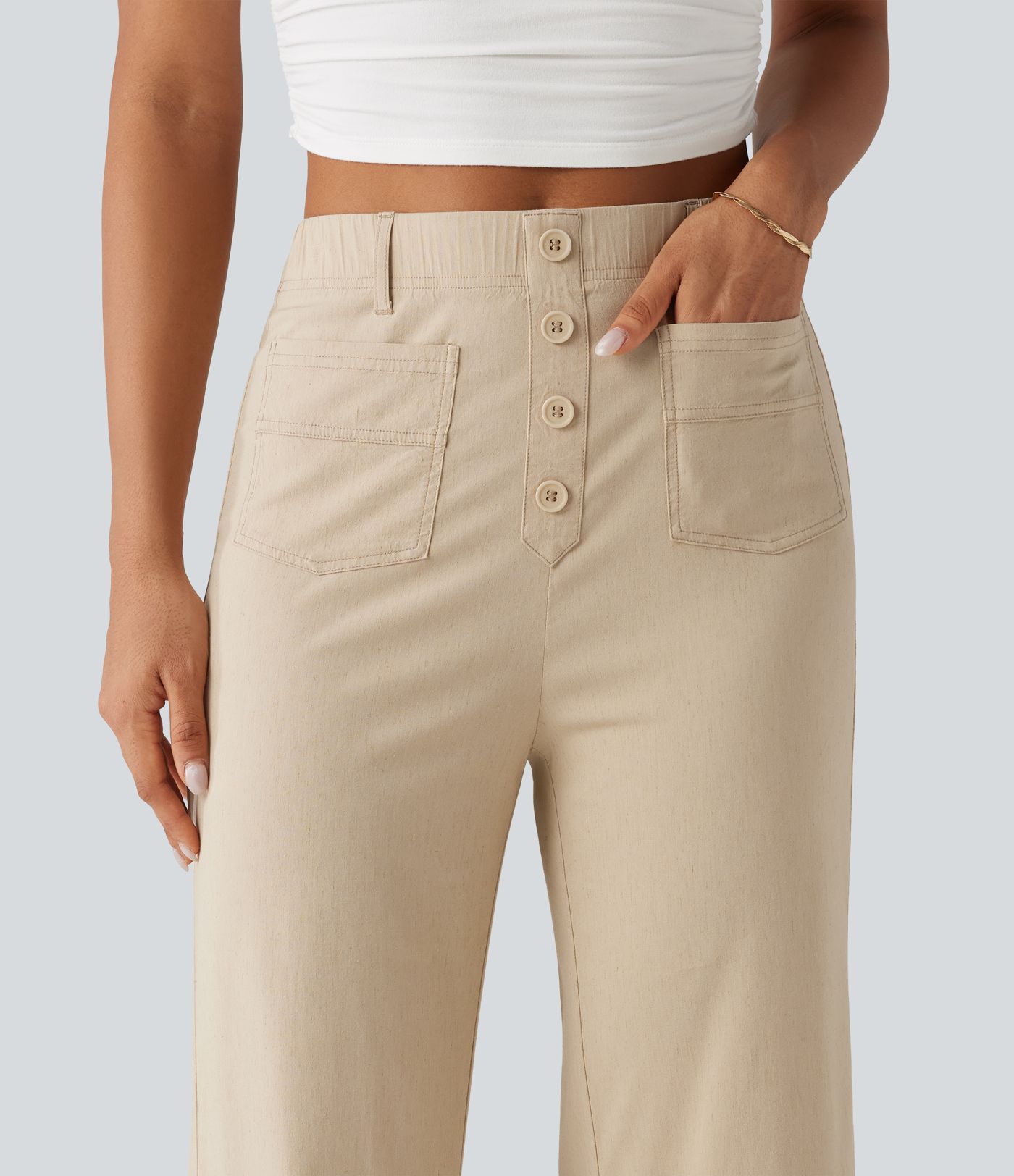 High Waisted Straight Leg Casual Stretch Linen Pants with Pockets