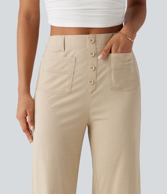 High Waisted Straight Leg Casual Stretch Linen Pants with Pockets