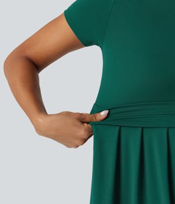 Stand Collar Short Sleeve Flare Midi Casual Dress with Pockets Stand Collar Short Sleeve Flare Midi Casual Dress with Pockets