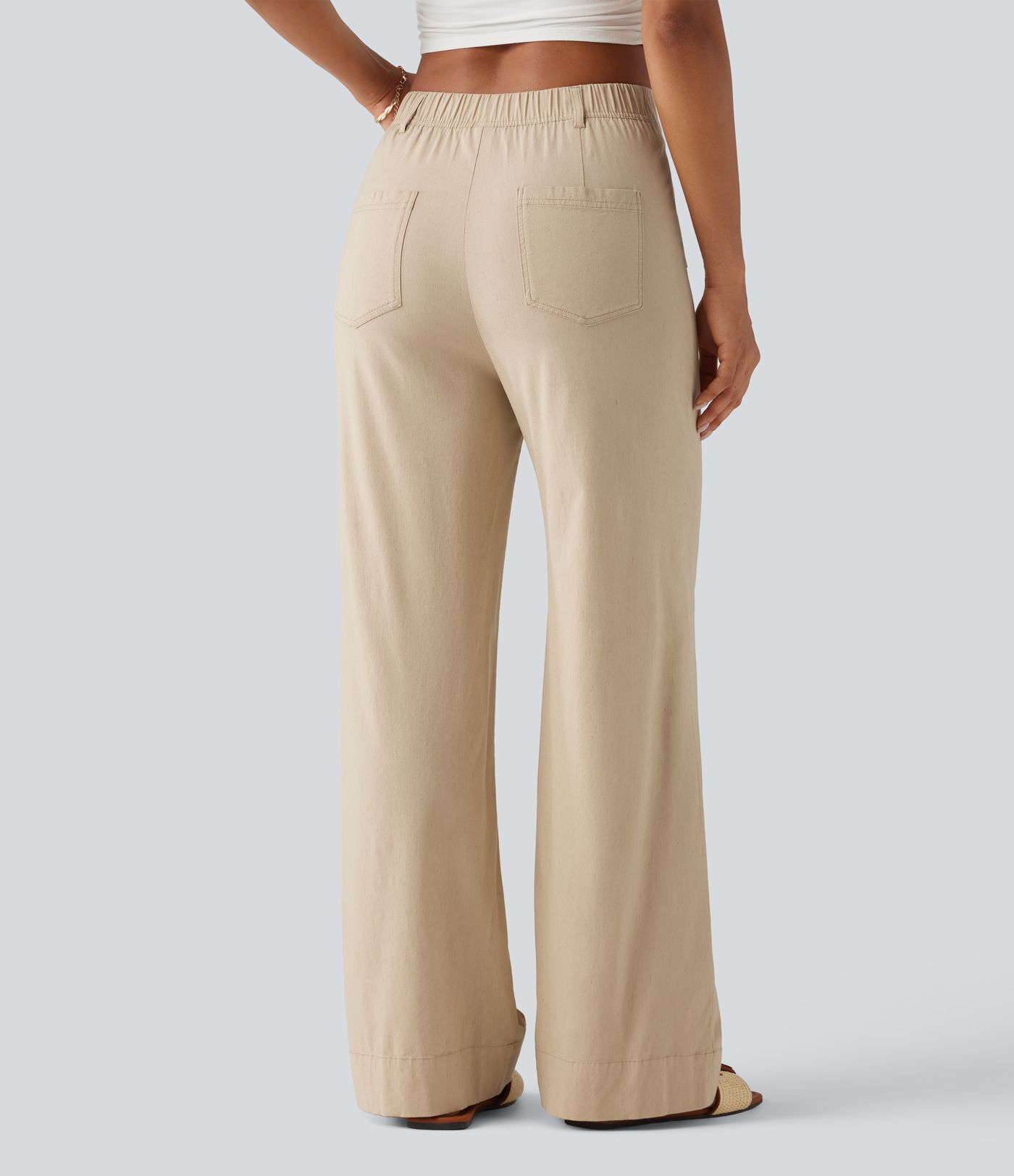 High Waisted Straight Leg Casual Stretch Linen Pants with Pockets