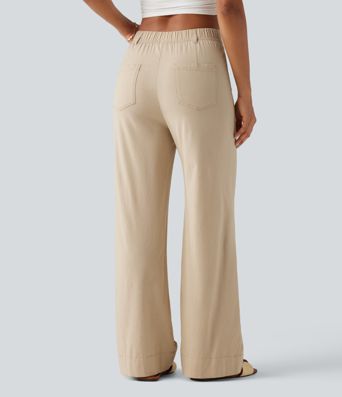 High Waisted Straight Leg Casual Stretch Linen Pants with Pockets