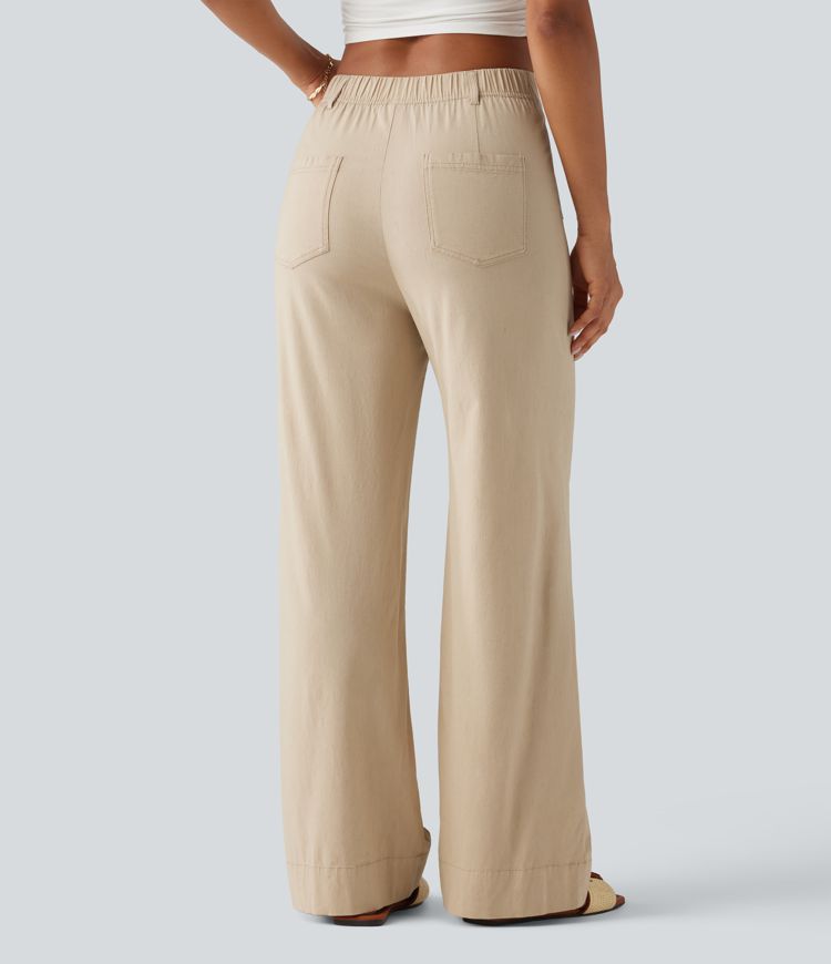 High Waisted Straight Leg Casual Stretch Linen Pants with Pockets