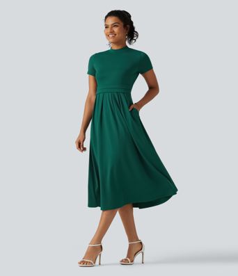 Stand Collar Short Sleeve Flare Midi Casual Dress with Pockets Stand Collar Short Sleeve Flare Midi Casual Dress with Pockets
