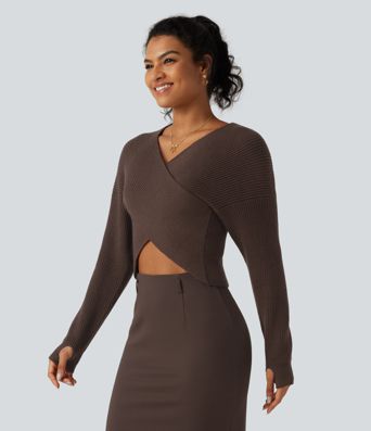V Neck Crossover Batwing Long Sleeve Thumb Hole Casual Sweater