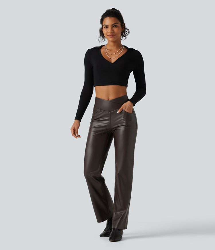 Pantalon droit taille haute croisée gainant en simili stretch doublé polaire avec poches