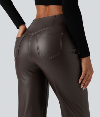 Pantalon droit taille haute croisée gainant en simili stretch doublé polaire avec poches