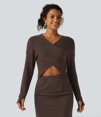 V Neck Crossover Batwing Long Sleeve Thumb Hole Casual Sweater