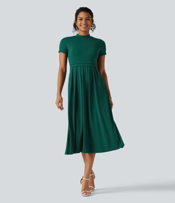 Stand Collar Short Sleeve Flare Midi Casual Dress with Pockets Stand Collar Short Sleeve Flare Midi Casual Dress with Pockets
