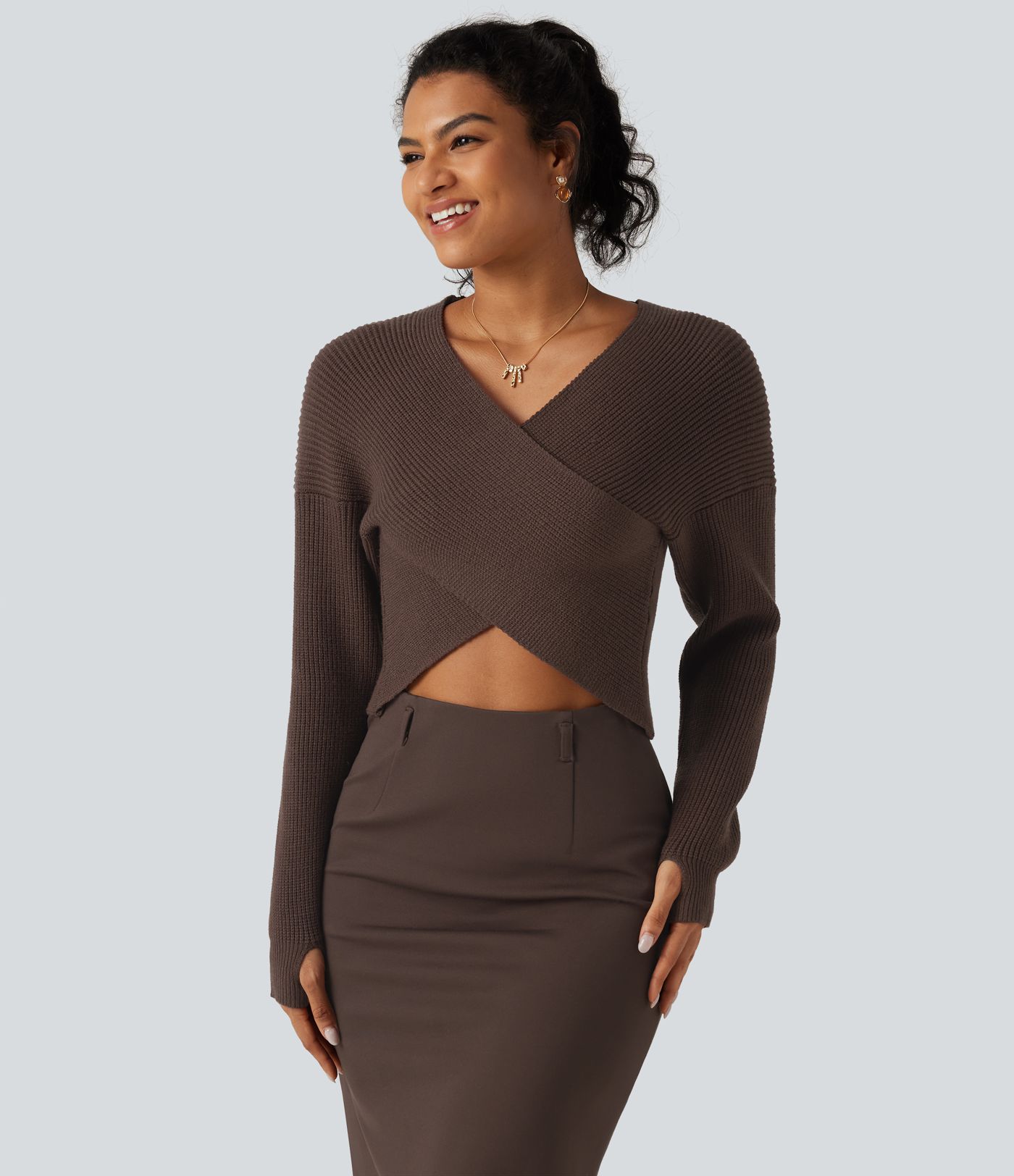 V Neck Crossover Batwing Long Sleeve Thumb Hole Casual Sweater