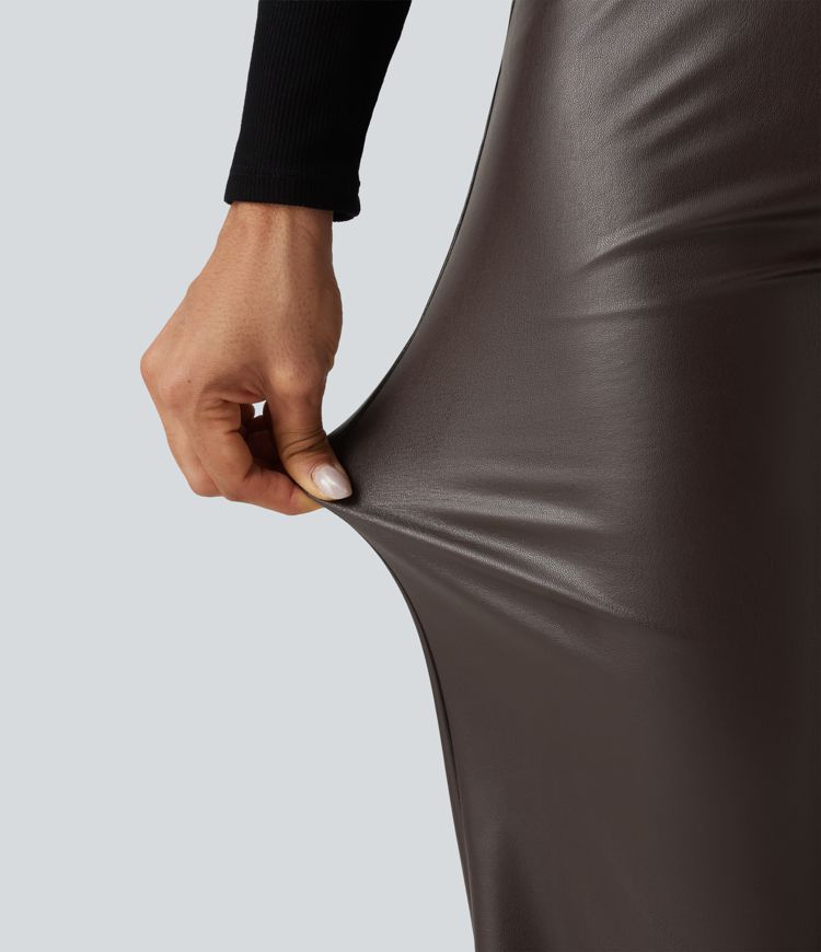 Pantalon droit taille haute croisée gainant en simili stretch doublé polaire avec poches