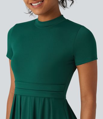 Stand Collar Short Sleeve Flare Midi Casual Dress with Pockets Stand Collar Short Sleeve Flare Midi Casual Dress with Pockets