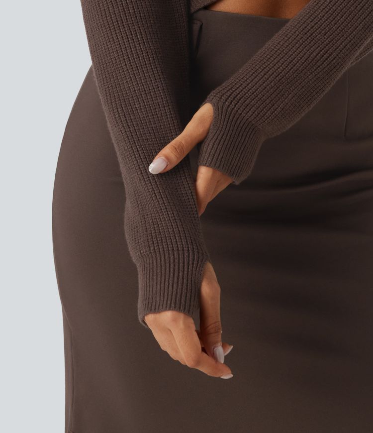 V Neck Crossover Batwing Long Sleeve Thumb Hole Casual Sweater
