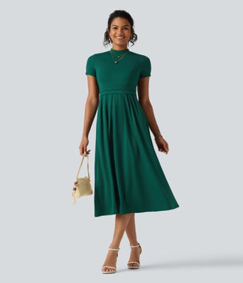 Stand Collar Short Sleeve Flare Midi Casual Dress with Pockets Stand Collar Short Sleeve Flare Midi Casual Dress with Pockets