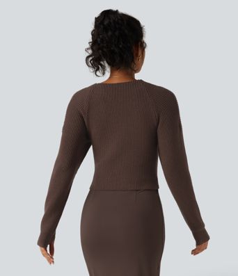 V Neck Crossover Batwing Long Sleeve Thumb Hole Casual Sweater