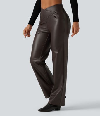 Pantalon droit taille haute croisée gainant en simili stretch doublé polaire avec poches