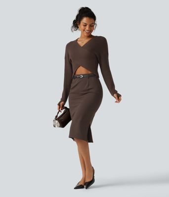 V Neck Crossover Batwing Long Sleeve Thumb Hole Casual Sweater