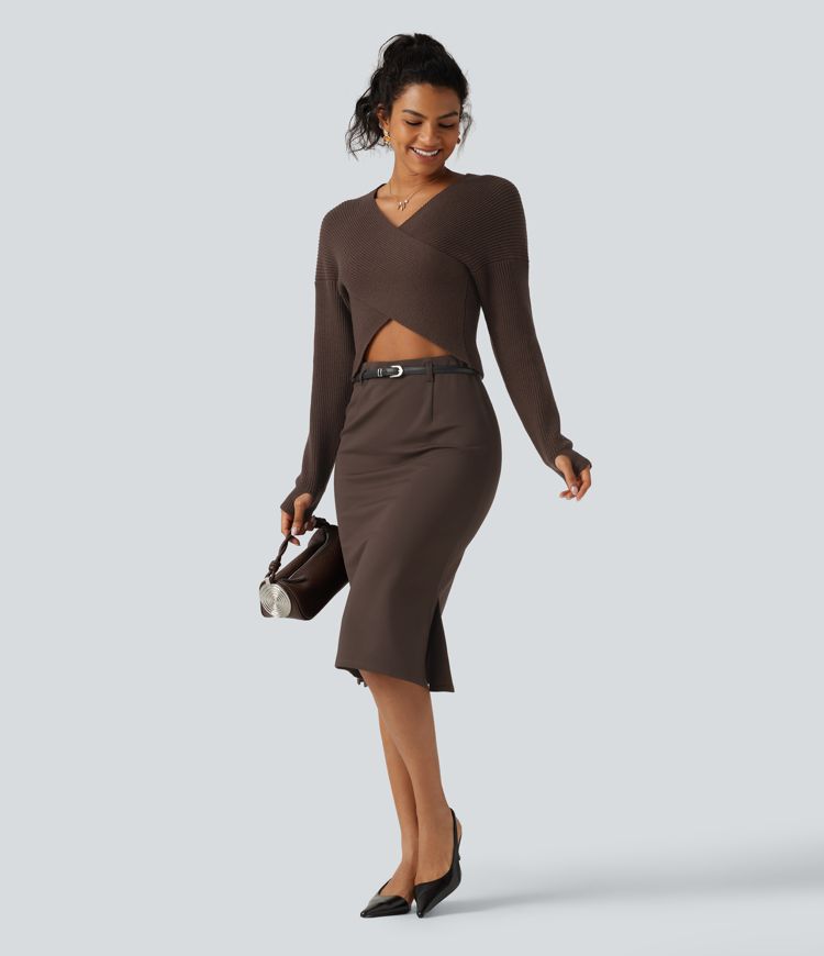 V Neck Crossover Batwing Long Sleeve Thumb Hole Casual Sweater