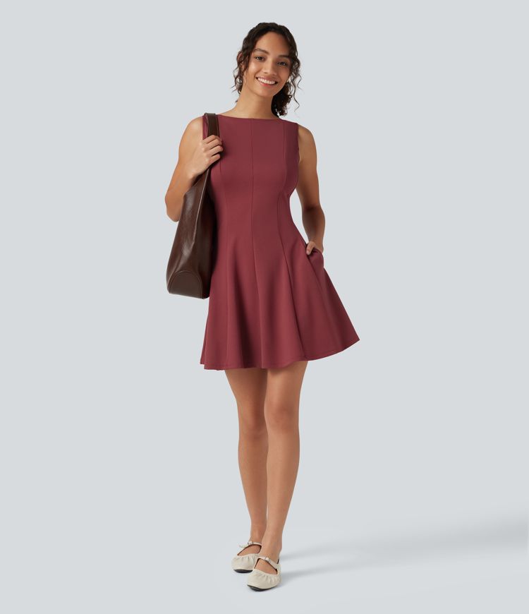Boat Neck Sleeveless Flare Mini Work Dress with Pockets