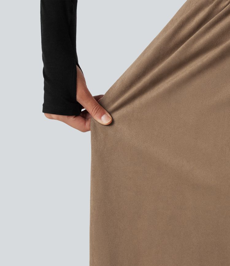 High Waisted Drawstring A Line Suede Midi Casual Skirt with Pockets High Waisted Drawstring A Line Suede Midi Casual Skirt with Pockets