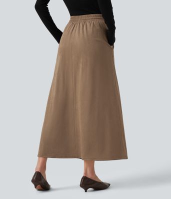 High Waisted Drawstring A Line Suede Midi Casual Skirt with Pockets High Waisted Drawstring A Line Suede Midi Casual Skirt with Pockets
