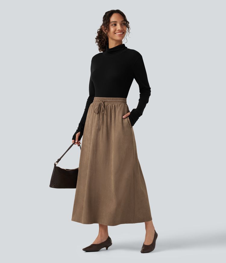 High Waisted Drawstring A Line Suede Midi Casual Skirt with Pockets High Waisted Drawstring A Line Suede Midi Casual Skirt with Pockets