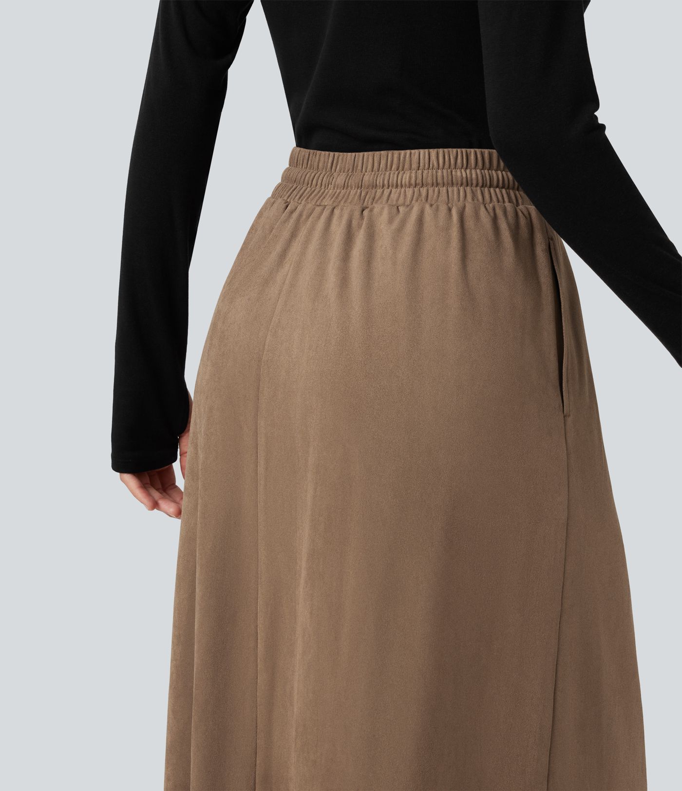 High Waisted Drawstring A Line Suede Midi Casual Skirt with Pockets High Waisted Drawstring A Line Suede Midi Casual Skirt with Pockets