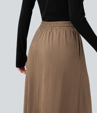 High Waisted Drawstring A Line Suede Midi Casual Skirt with Pockets High Waisted Drawstring A Line Suede Midi Casual Skirt with Pockets